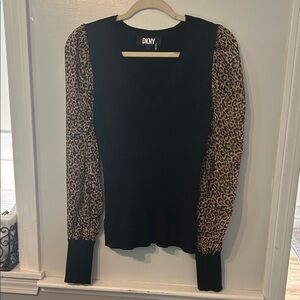 DKNY Black Blouse with Leopard Print Sleeves
